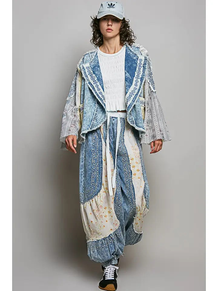Boho Oversized Vintage Wash Crochet Patchwork Denim Jacket