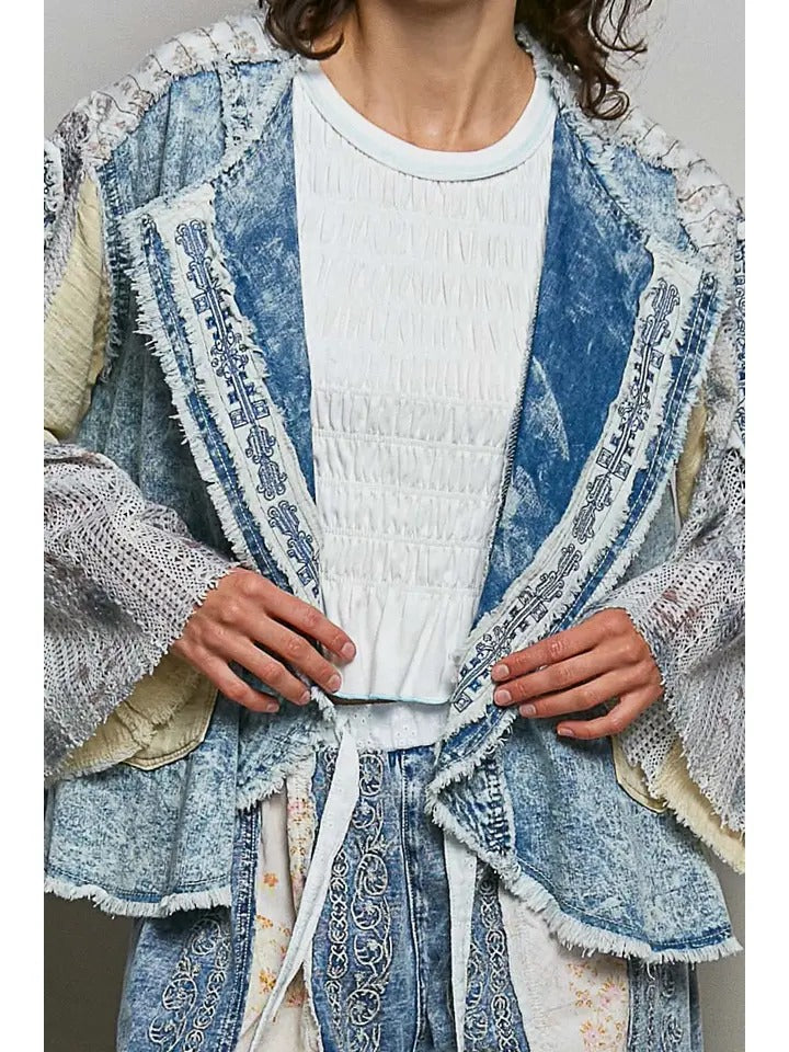 Boho Oversized Vintage Wash Crochet Patchwork Denim Jacket