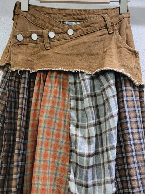 Button-Accented Plaid Skirt