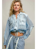 Open Knit Button Down Pocket Front Hooded Shirt