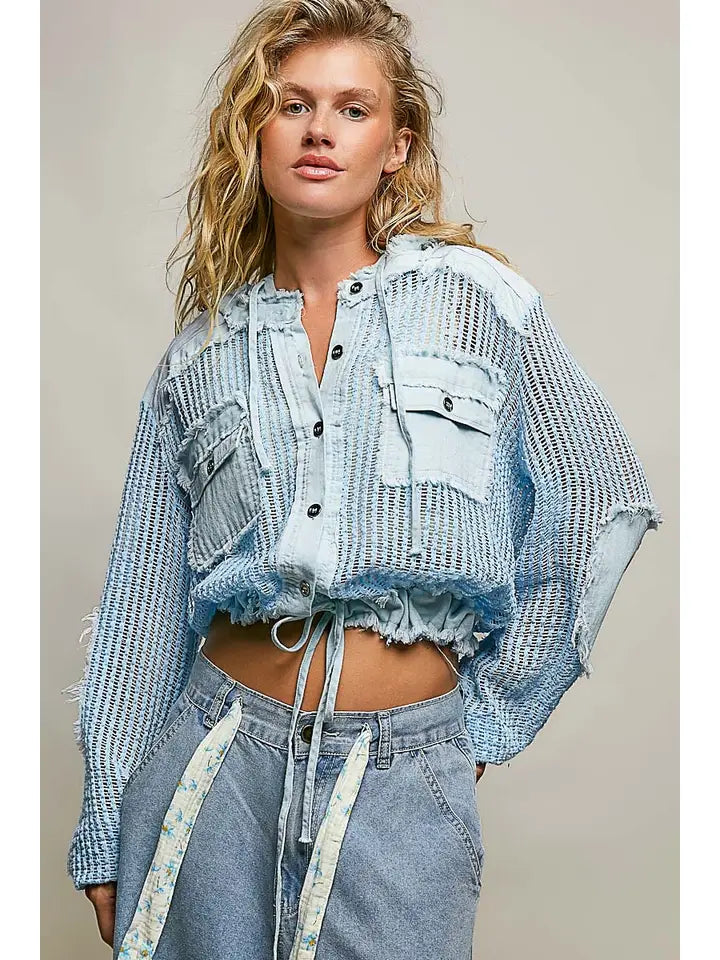Open Knit Button Down Pocket Front Hooded Shirt