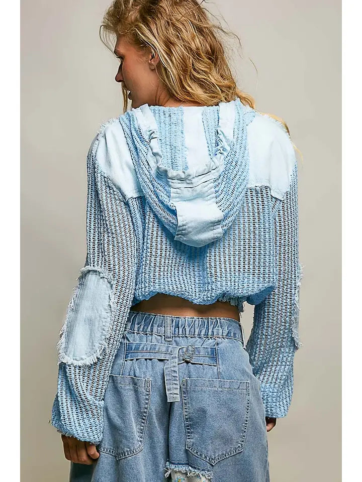 Open Knit Button Down Pocket Front Hooded Shirt