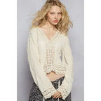 V-Neck Long Sleeve Floral Embroidered Crochet Top