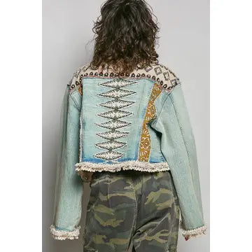 Boho Lace Trim Sequin Beaded Patchwork Denim Jacket