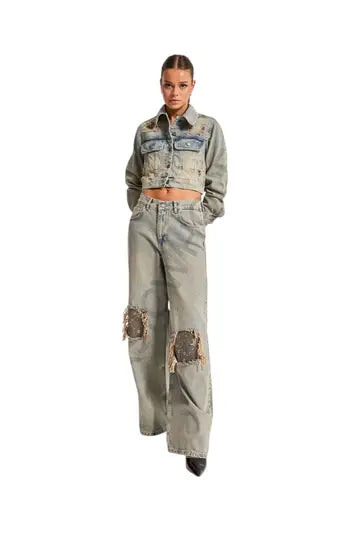 Distressed Relaef Fit Wide Leg Jean Pants
