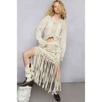V-Neck Long Sleeve Floral Embroidered Crochet Top