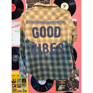 Good Vibes Upcycled  Button Up Flannel Style Top