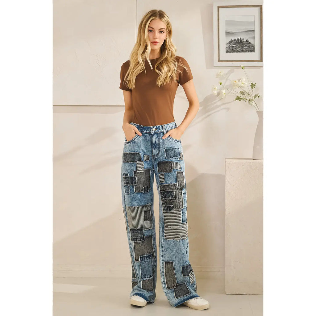 Multi Square Patches Straight Jeans