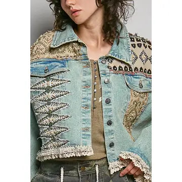 Boho Lace Trim Sequin Beaded Patchwork Denim Jacket