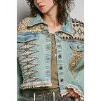 Boho Lace Trim Sequin Beaded Patchwork Denim Jacket