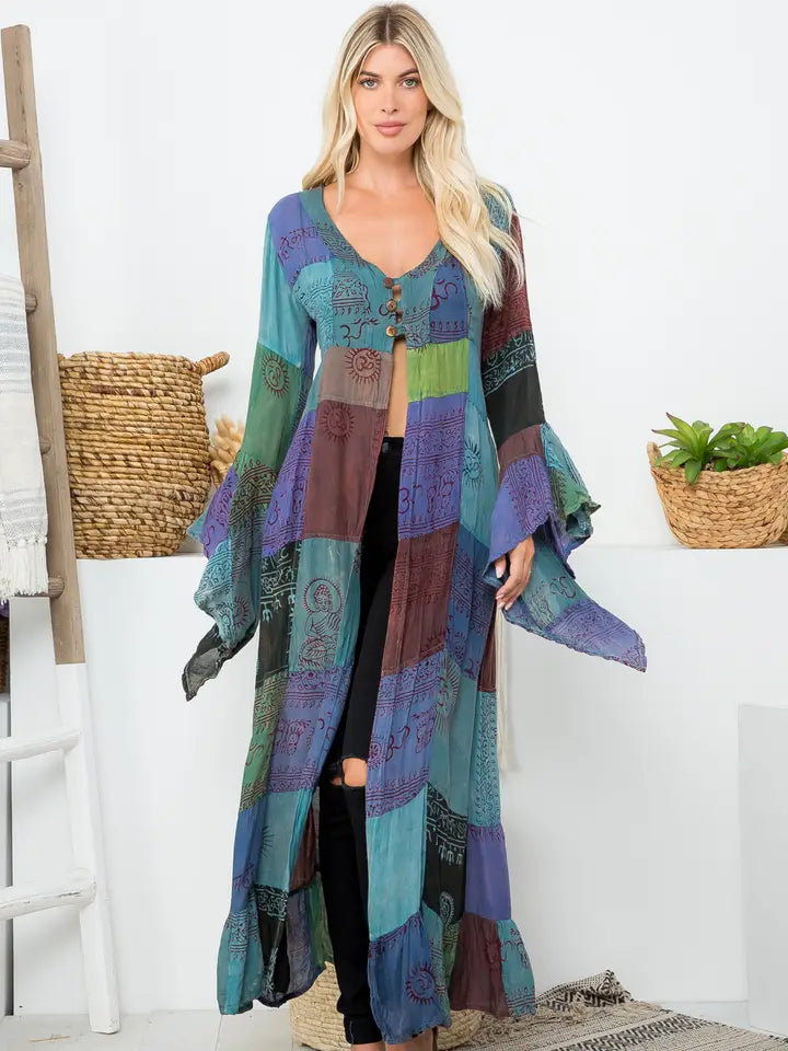 Deity Print Long Bell Sleeves Kimono