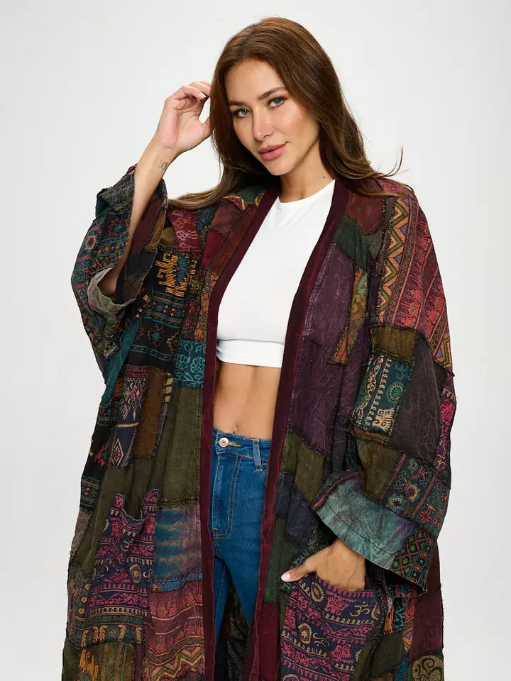 Long-Sleeve Patchwork Kimono/Cardigan