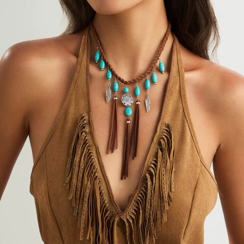 Boho Turquoise Tassel Feather Pendant Choker Necklace