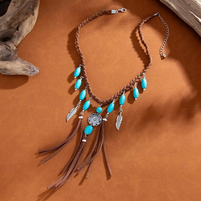 Boho Turquoise Tassel Feather Pendant Choker Necklace