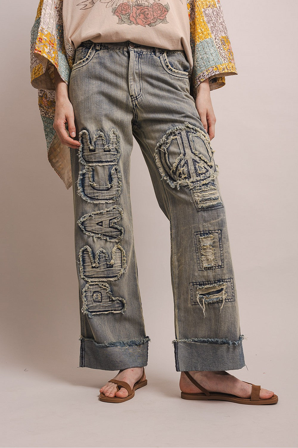 ELASTIC WAIST PEACE PATCH WORK DISTRESS DENIM PANTS