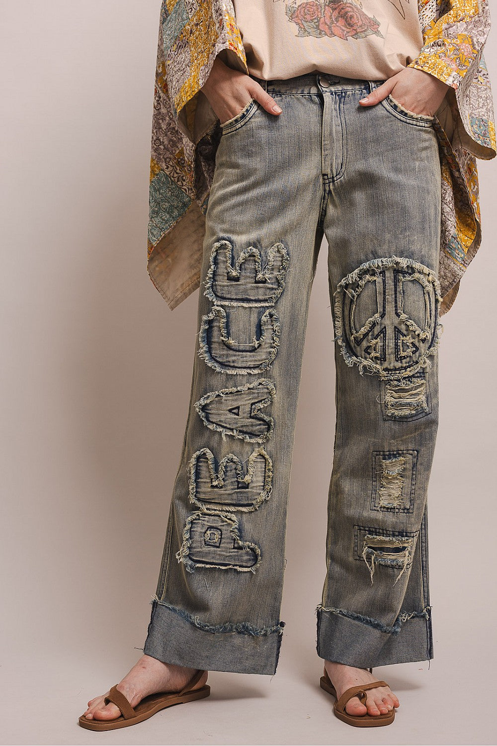ELASTIC WAIST PEACE PATCH WORK DISTRESS DENIM PANTS