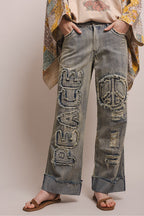 ELASTIC WAIST PEACE PATCH WORK DISTRESS DENIM PANTS