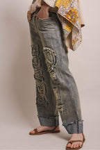 ELASTIC WAIST PEACE PATCH WORK DISTRESS DENIM PANTS
