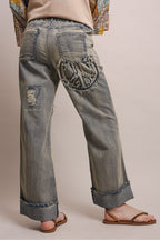 ELASTIC WAIST PEACE PATCH WORK DISTRESS DENIM PANTS