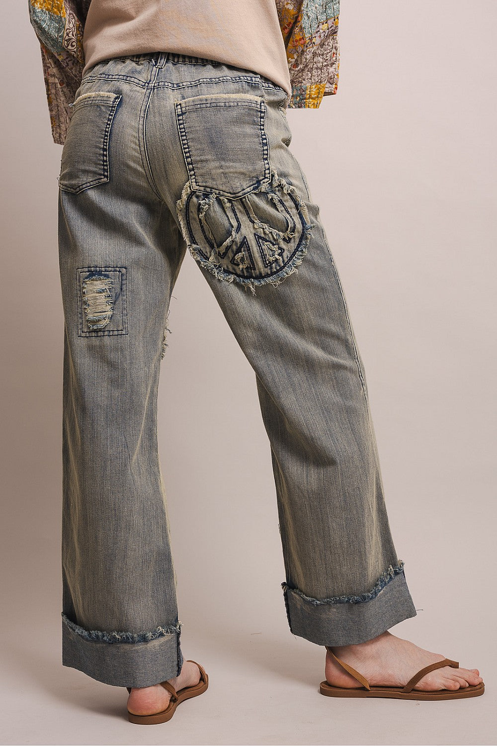 ELASTIC WAIST PEACE PATCH WORK DISTRESS DENIM PANTS