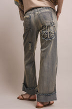 ELASTIC WAIST PEACE PATCH WORK DISTRESS DENIM PANTS