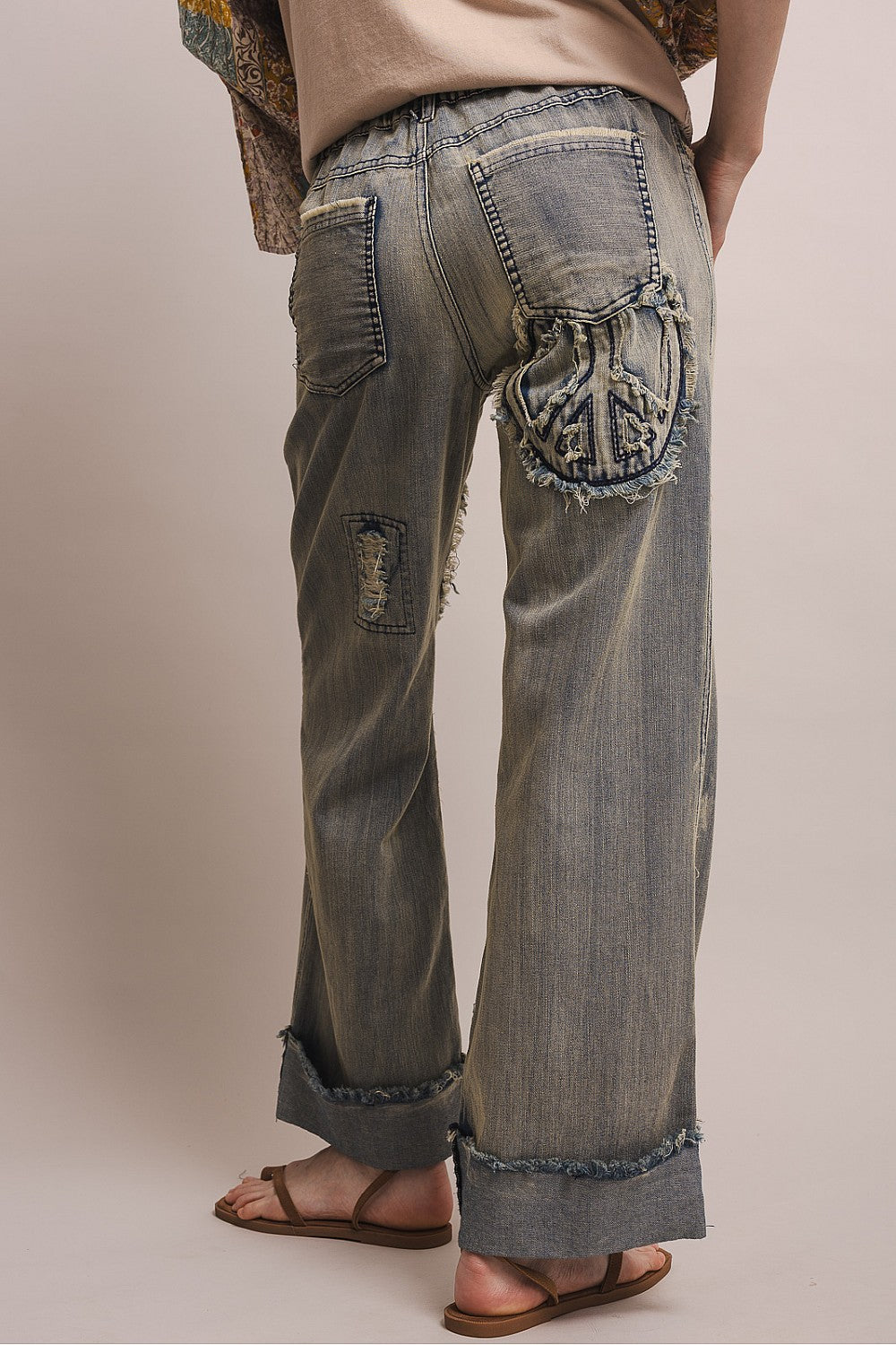 ELASTIC WAIST PEACE PATCH WORK DISTRESS DENIM PANTS