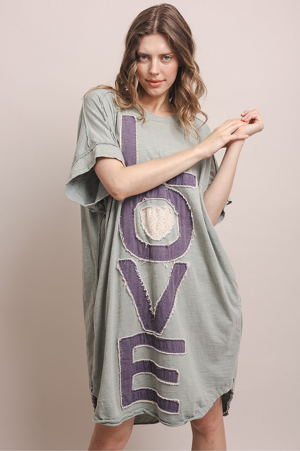 LOVE LETTERING PATCHWORK SHORT SLV. DRESS