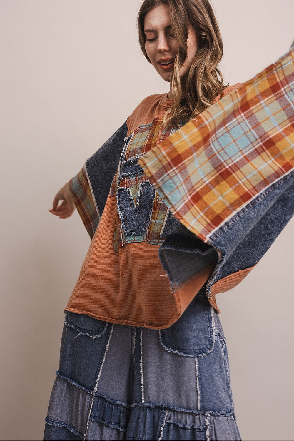 LOVE WORD PATCHWORK PANCHO SLEEVE TOP