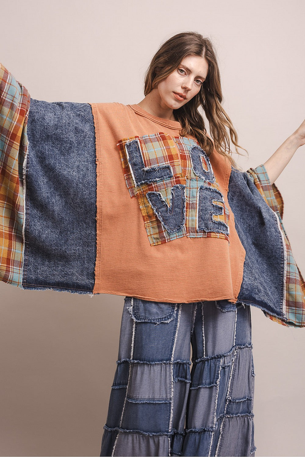 LOVE WORD PATCHWORK PANCHO SLEEVE TOP
