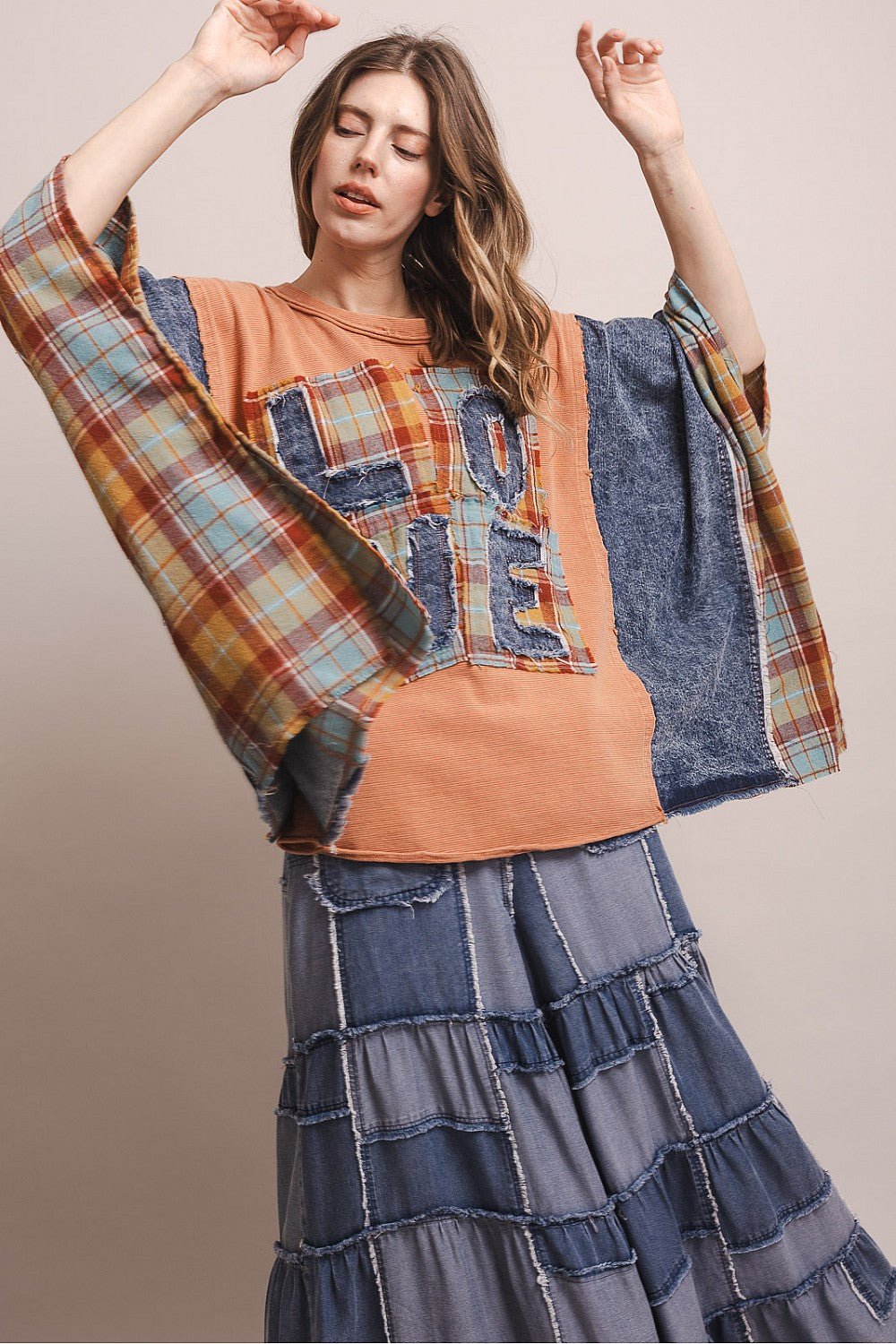 LOVE WORD PATCHWORK PANCHO SLEEVE TOP
