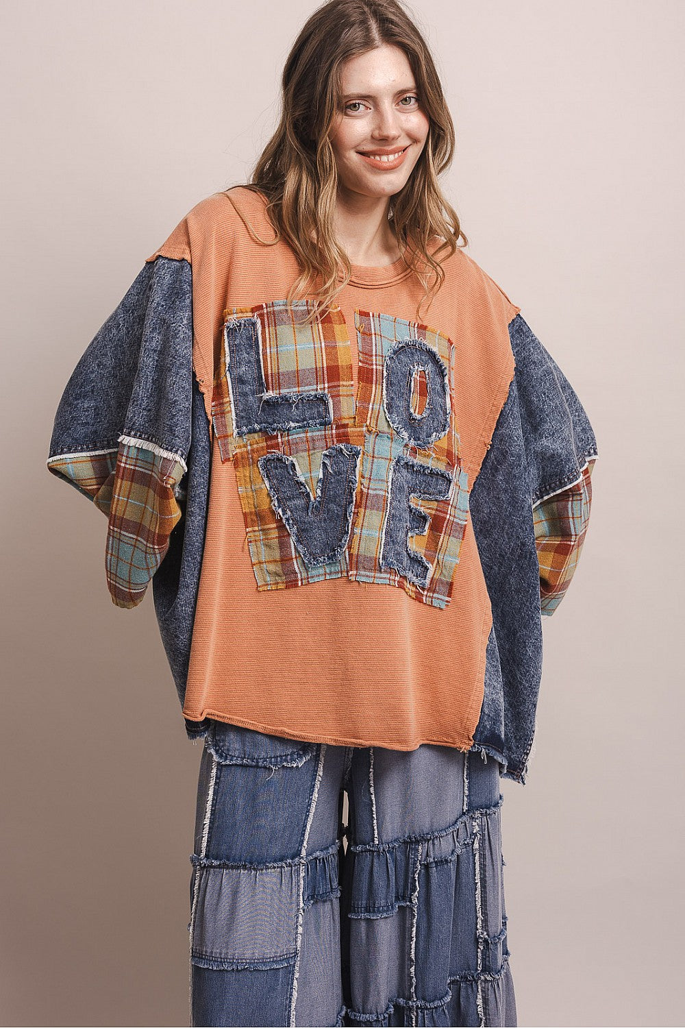 LOVE WORD PATCHWORK PANCHO SLEEVE TOP