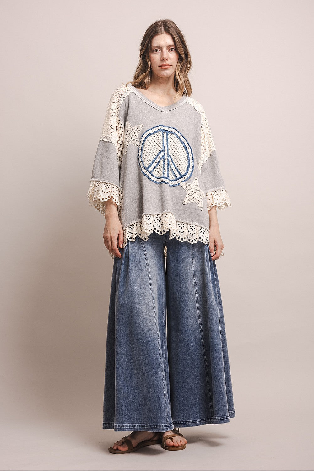 PEACE STAR PATCHWORK 3/4 SLEEVE OVERSIZED SHIRT