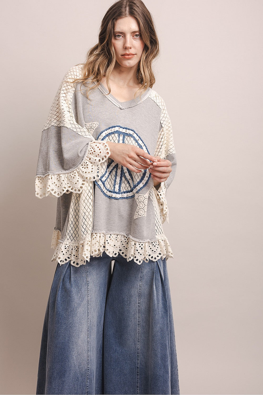 PEACE STAR PATCHWORK 3/4 SLEEVE OVERSIZED SHIRT