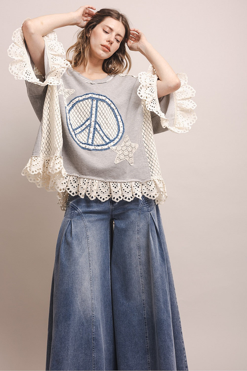 PEACE STAR PATCHWORK 3/4 SLEEVE OVERSIZED SHIRT