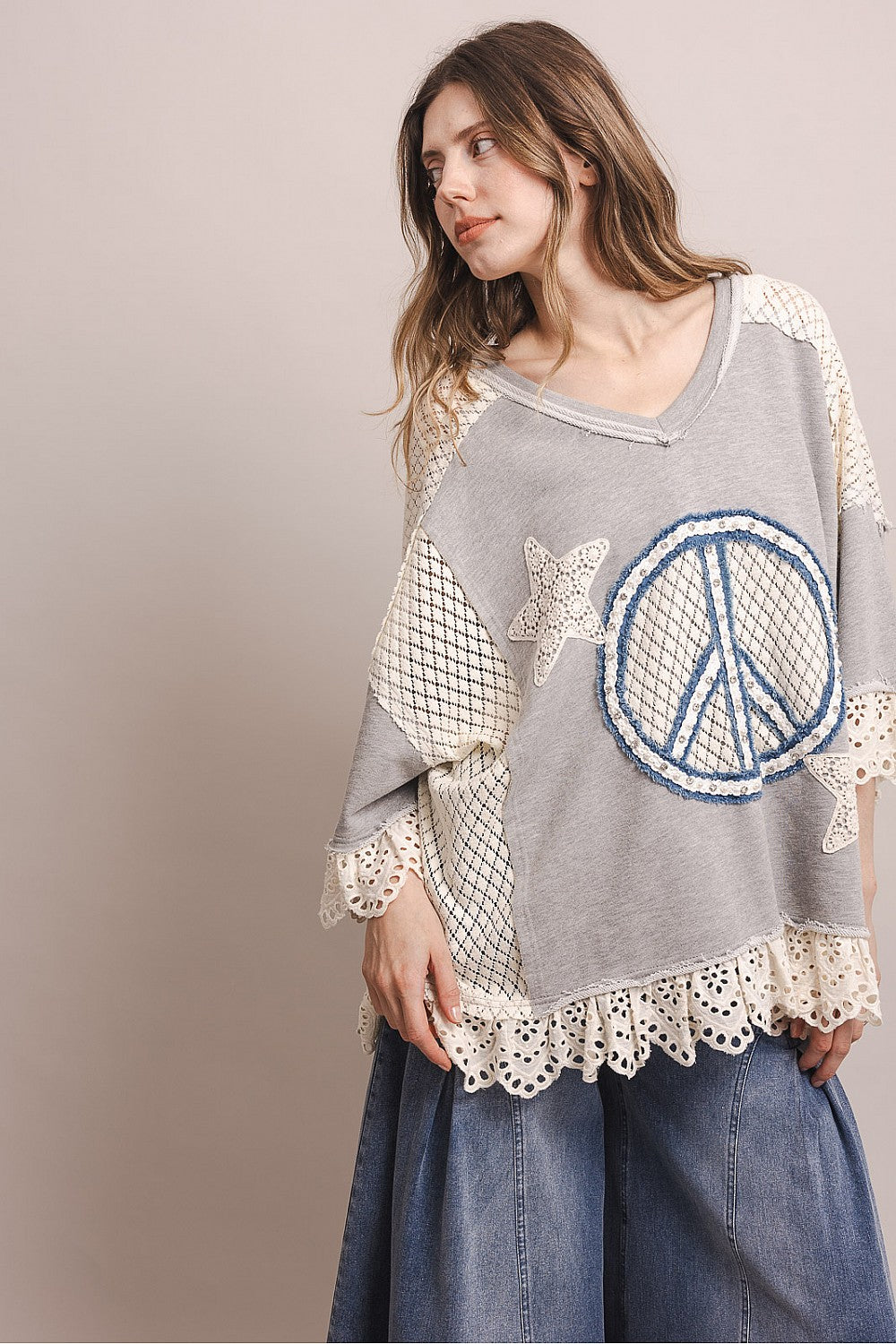 PEACE STAR PATCHWORK 3/4 SLEEVE OVERSIZED SHIRT