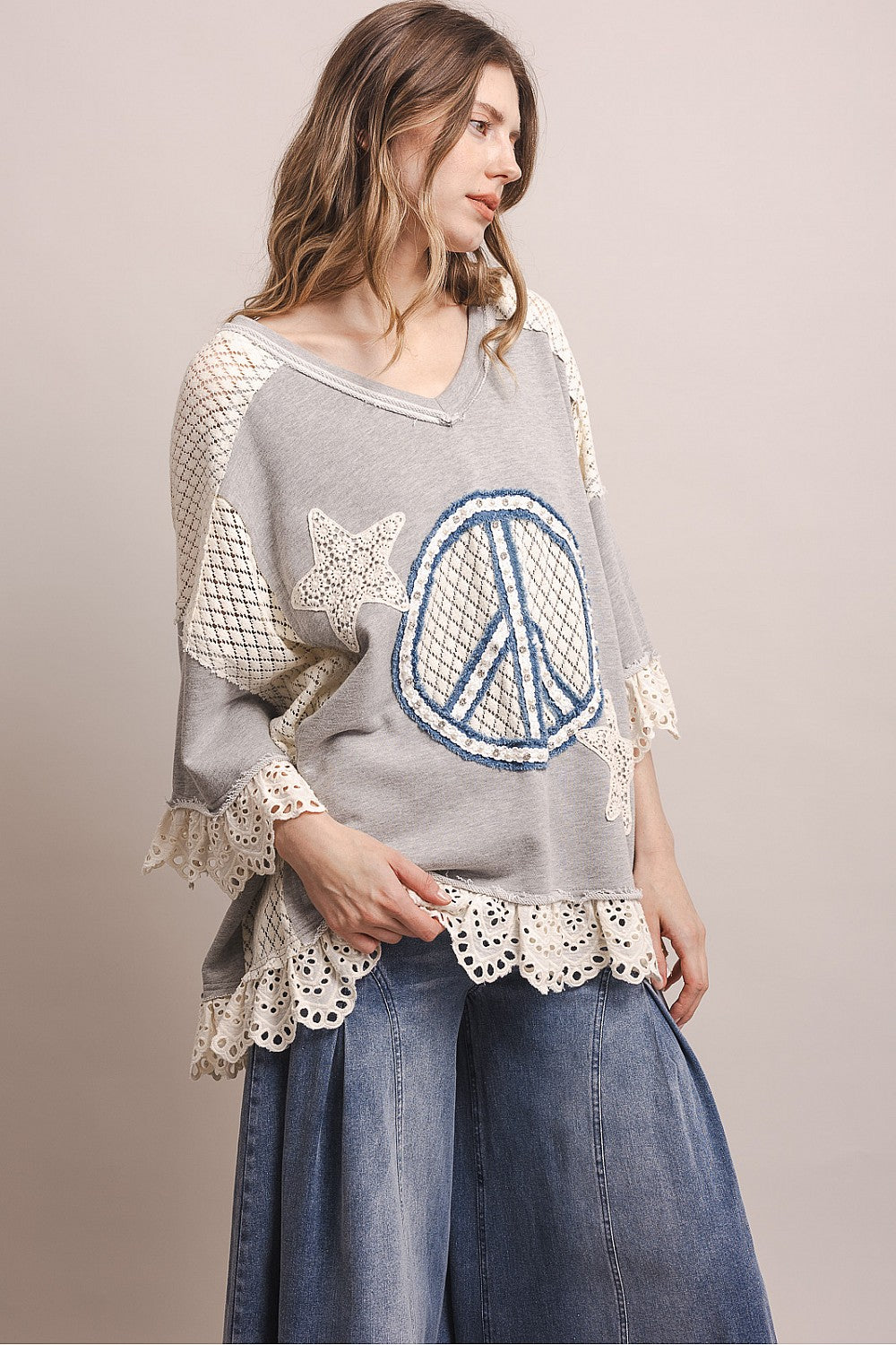 PEACE STAR PATCHWORK 3/4 SLEEVE OVERSIZED SHIRT