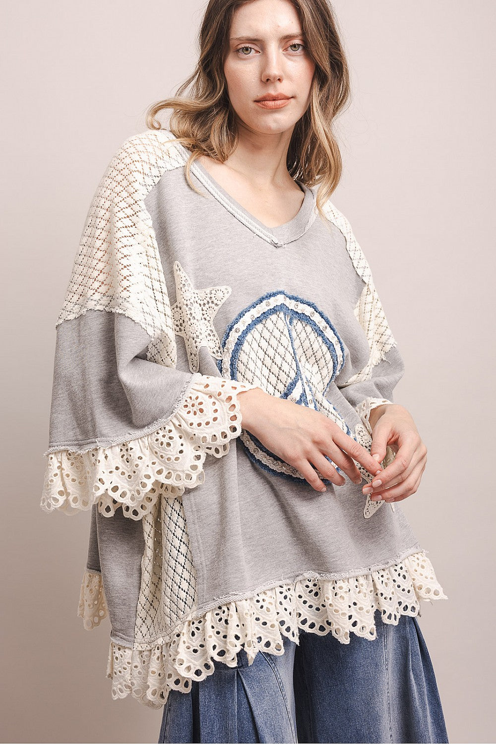 PEACE STAR PATCHWORK 3/4 SLEEVE OVERSIZED SHIRT