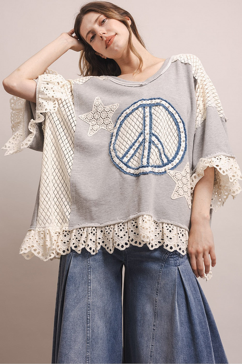 PEACE STAR PATCHWORK 3/4 SLEEVE OVERSIZED SHIRT