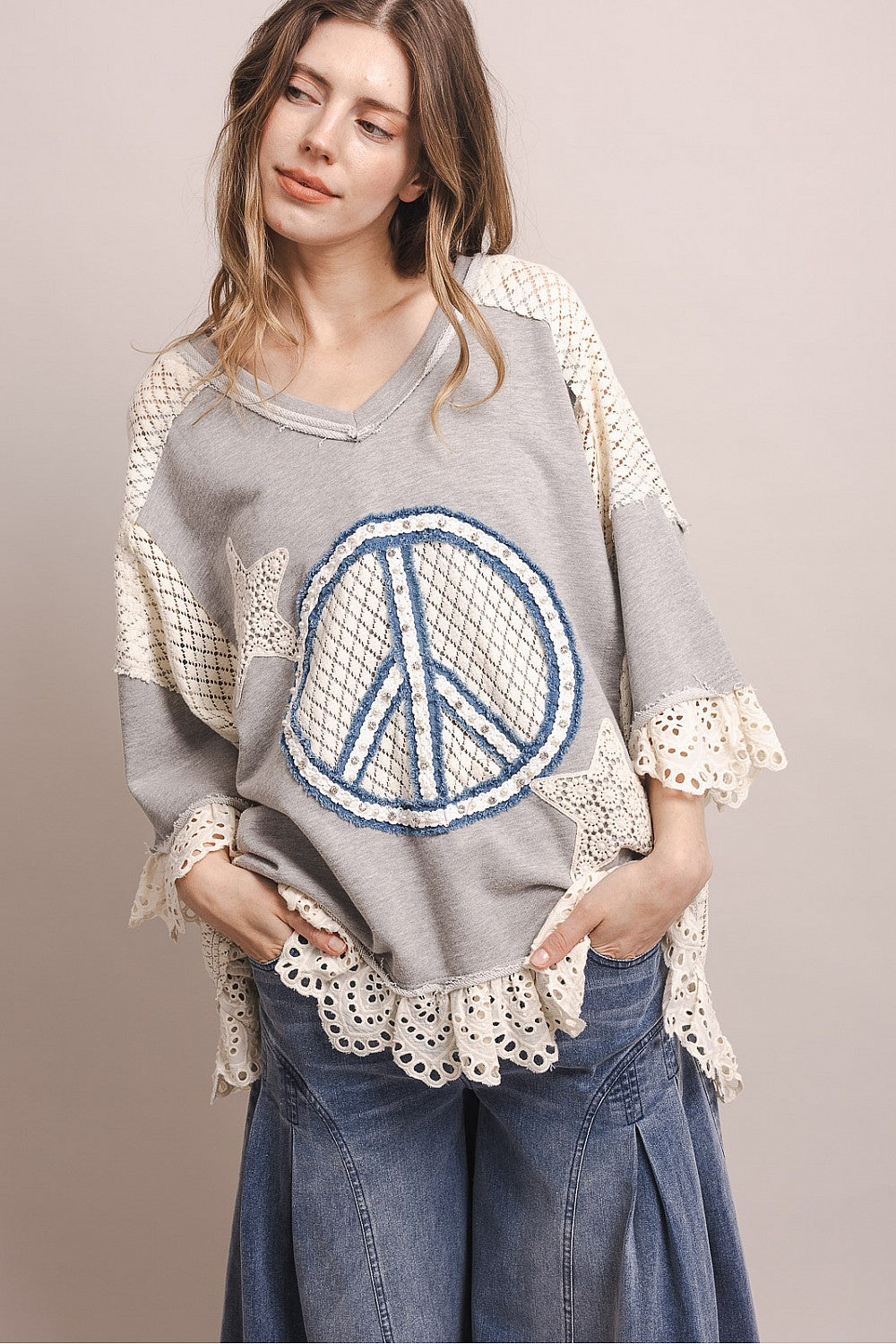PEACE STAR PATCHWORK 3/4 SLEEVE OVERSIZED SHIRT