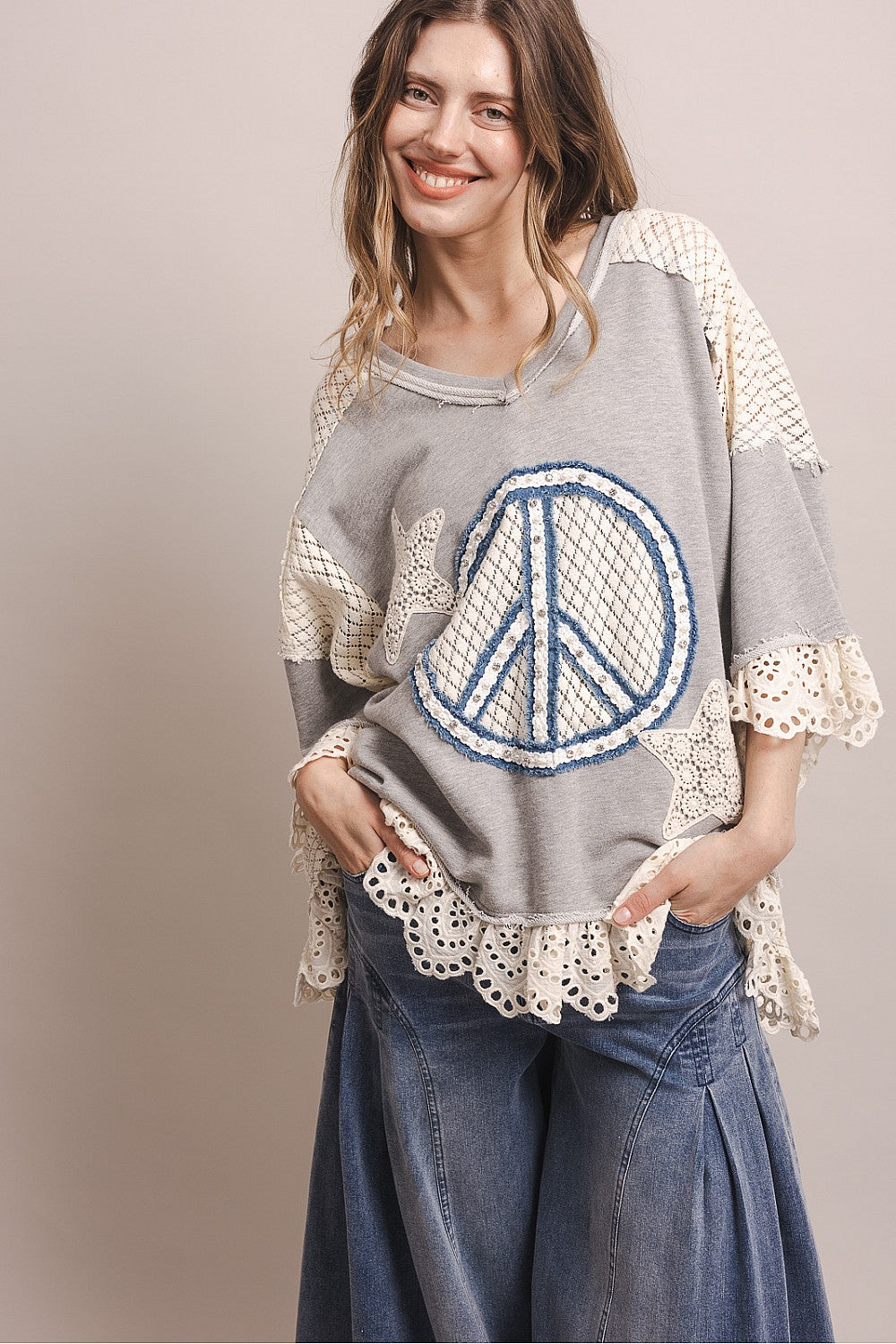 PEACE STAR PATCHWORK 3/4 SLEEVE OVERSIZED SHIRT
