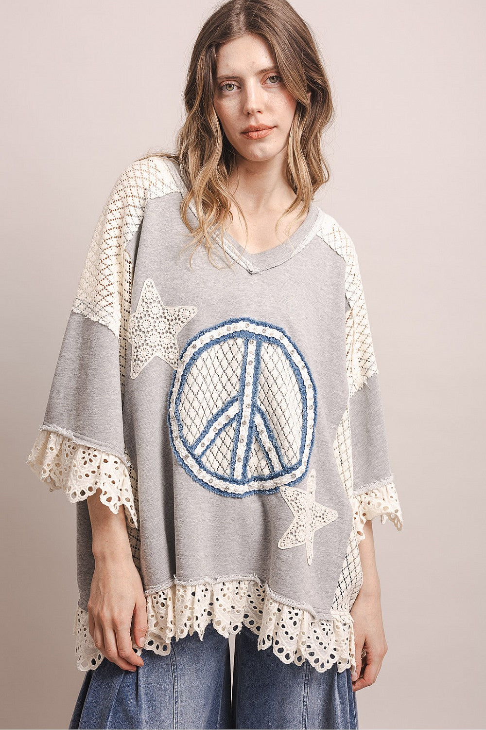 PEACE STAR PATCHWORK 3/4 SLEEVE OVERSIZED SHIRT