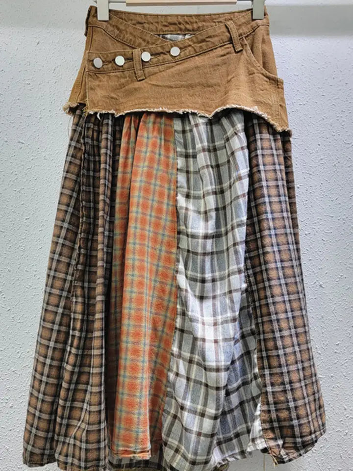 Button-Accented Plaid Skirt