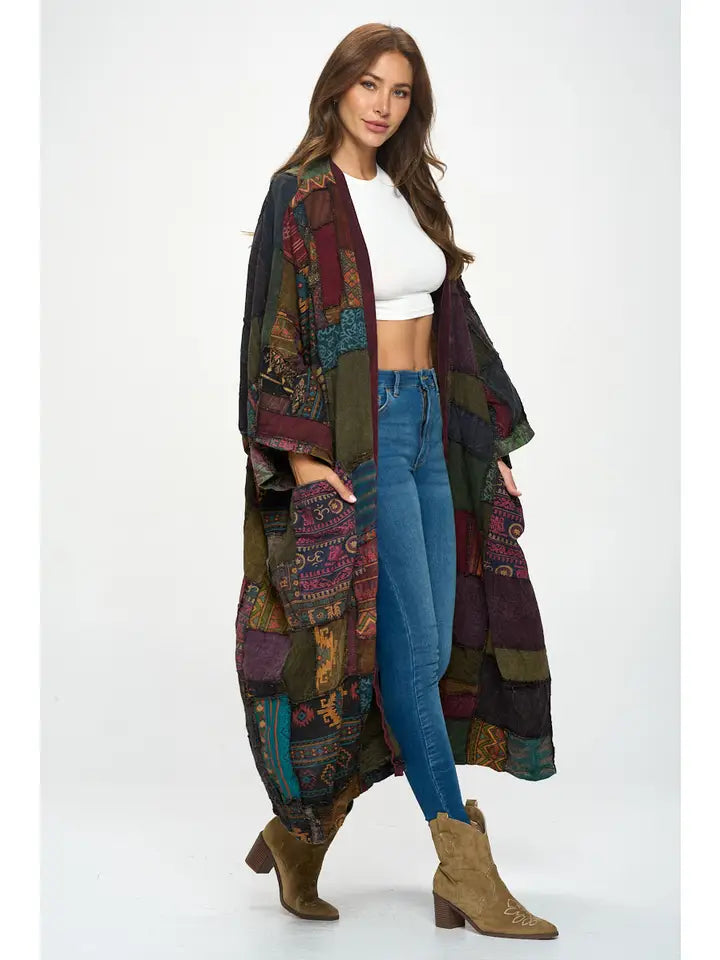 Long-Sleeve Patchwork Kimono/Cardigan