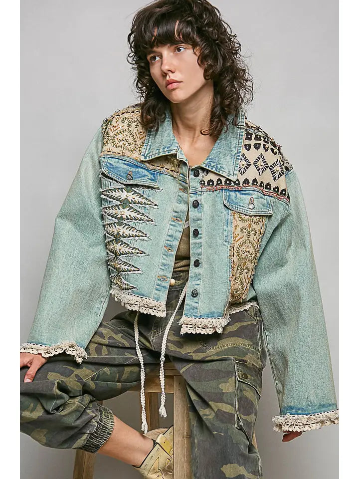Boho Lace Trim Sequin Beaded Patchwork Denim Jacket