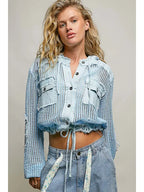 Open Knit Button Down Pocket Front Hooded Shirt