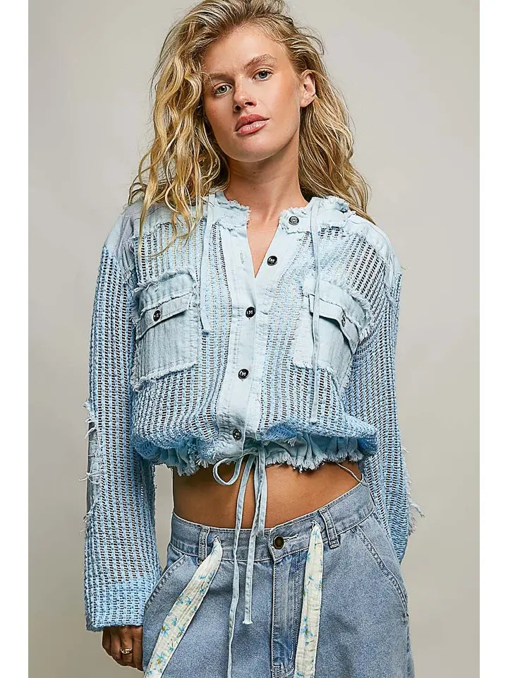 Open Knit Button Down Pocket Front Hooded Shirt