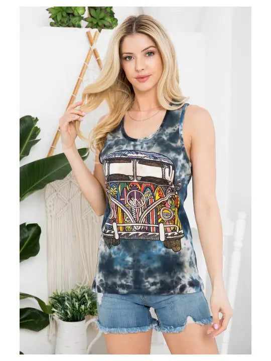 Hippie Volkswagen Print Tie-Dye Tank Top