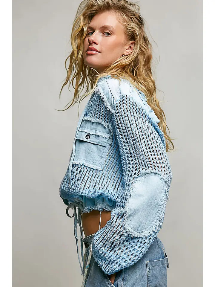Open Knit Button Down Pocket Front Hooded Shirt