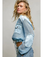 Open Knit Button Down Pocket Front Hooded Shirt