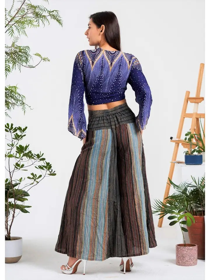 Multi-Colors Wide-Leg Elastic Waist Pants
